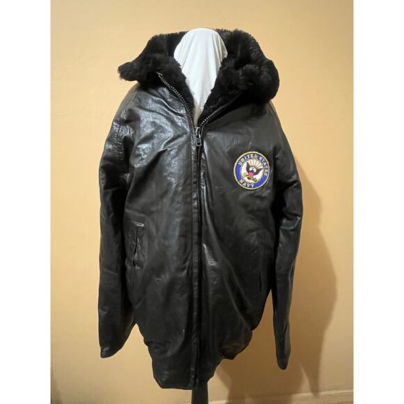 VTG Wilson’s Leather Bomber Jacket Navy Patch Faux Fur Removable Vest Aviator - Picture 1 of 14